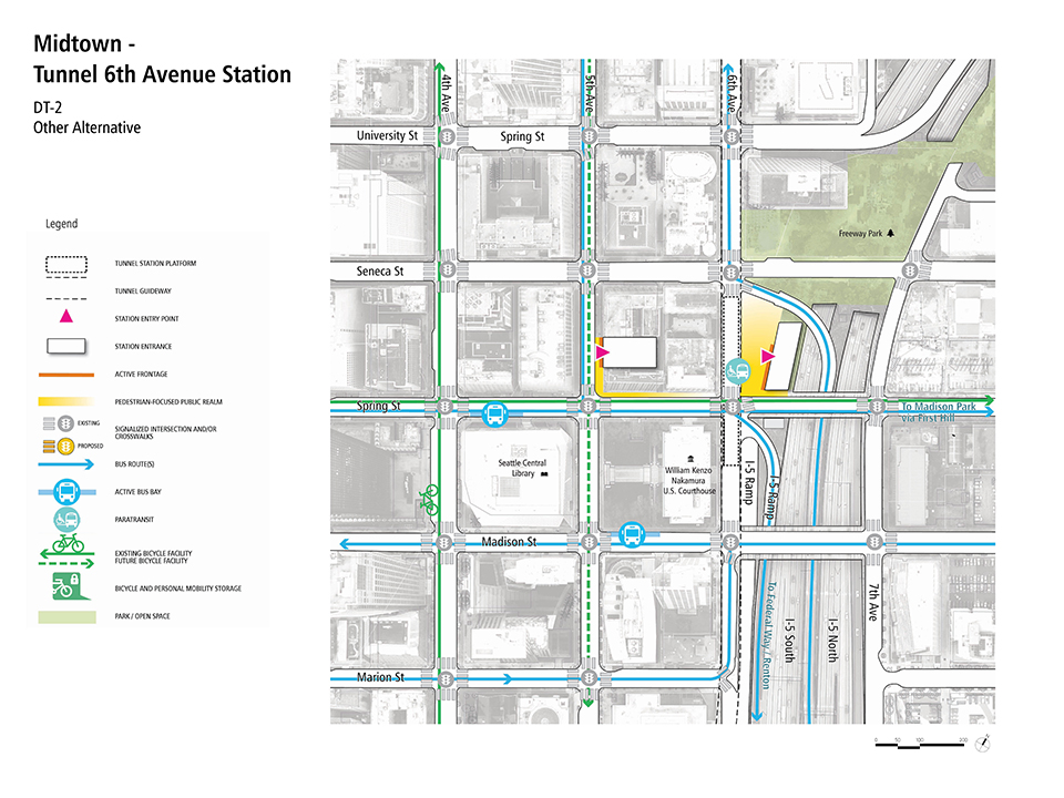 A map describes how pedestrians, bus riders, streetcar riders, bicyclists, and drivers could access the Midtown – Tunnel Sixth Avenue Station.